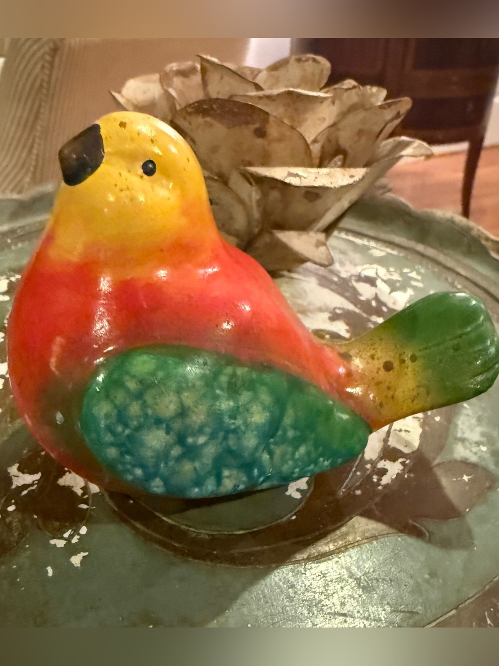 Vintage MCM California Pottery Ceramic Bird Figurine Vibrant Orange/Yellow/Green